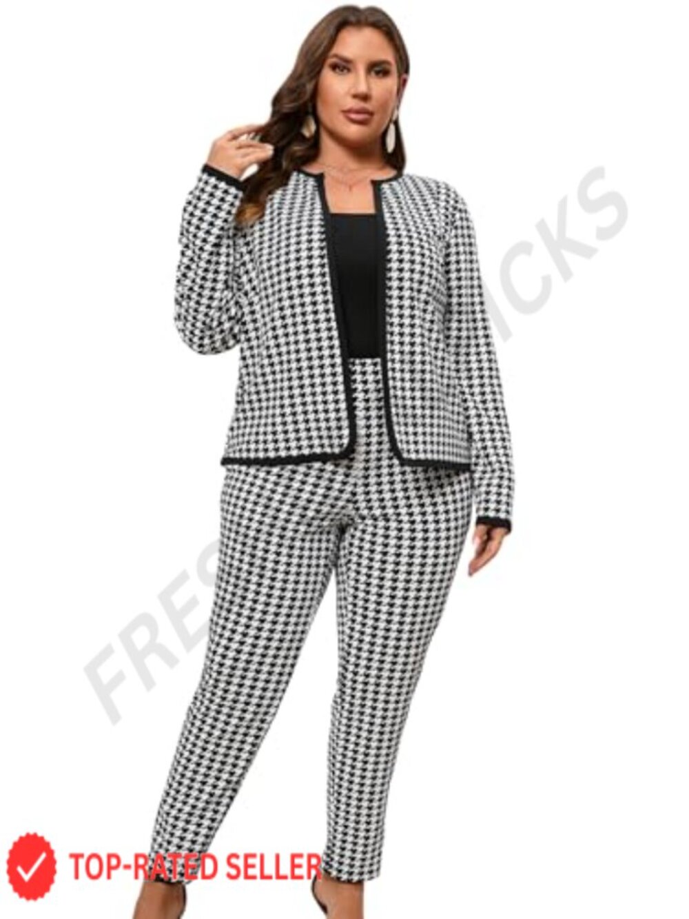 Plus Size 2 Piece Houndstooth Jacket & Pant Set Business Outfit